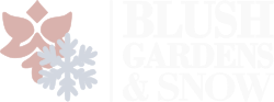 Blush Gardens & Snow by Mapleshore logo in white featuring a stylized blush floral emblem with a snowflake, representing professional landscaping and snow removal services.