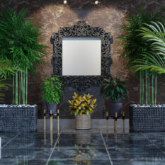 Luxury indoor lobby design with tropical bamboo and ornamental greenery in designer planters, styled beneath a baroque mirror on marble tile—indoor plant styling by Blush Gardens & Snow.