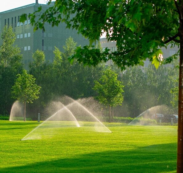 Professional irrigation system watering lush green lawn in a private commercial setting