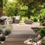 Elegant backyard design featuring wood deck, seating, and curated gardens.